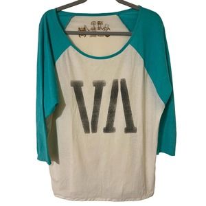 RVCA Women's Raglan 3/4 Sleeve Seafoam Green & Cream Logo T-Shirt - Size Medium